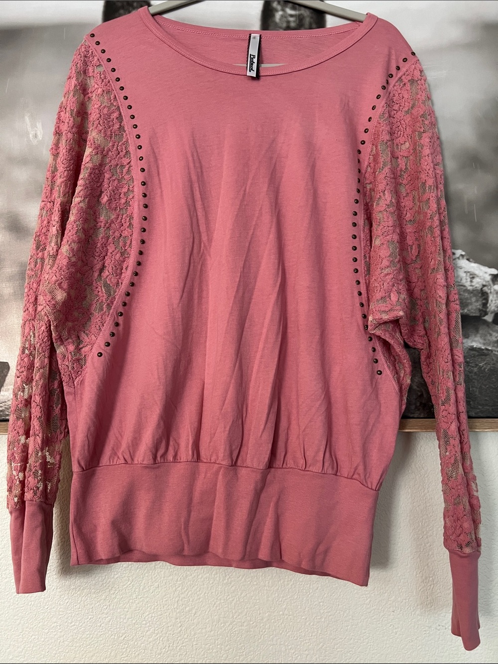 Women's Pink Lace-Sleeve Blouse with Stud Detail
